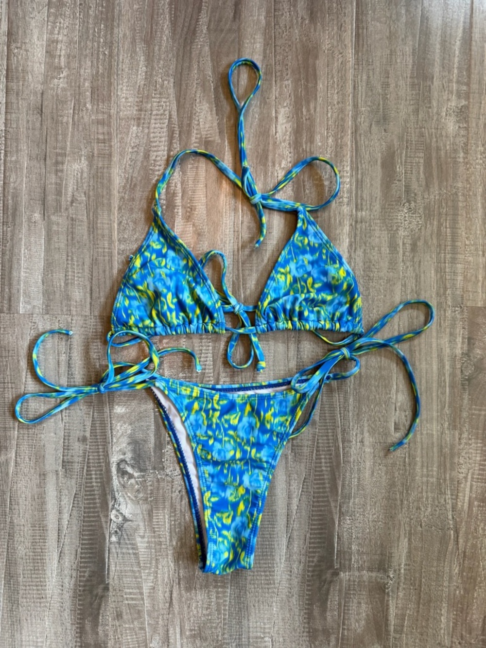SHEIN Blue & Yellow Tie-Side Triangle Bikini